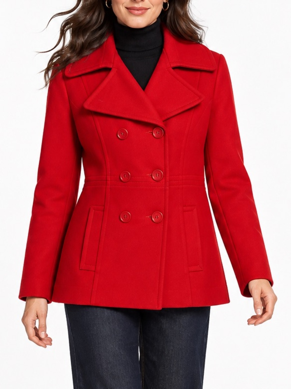 Red Wool Blend Double-Breasted Peacoat – Medium